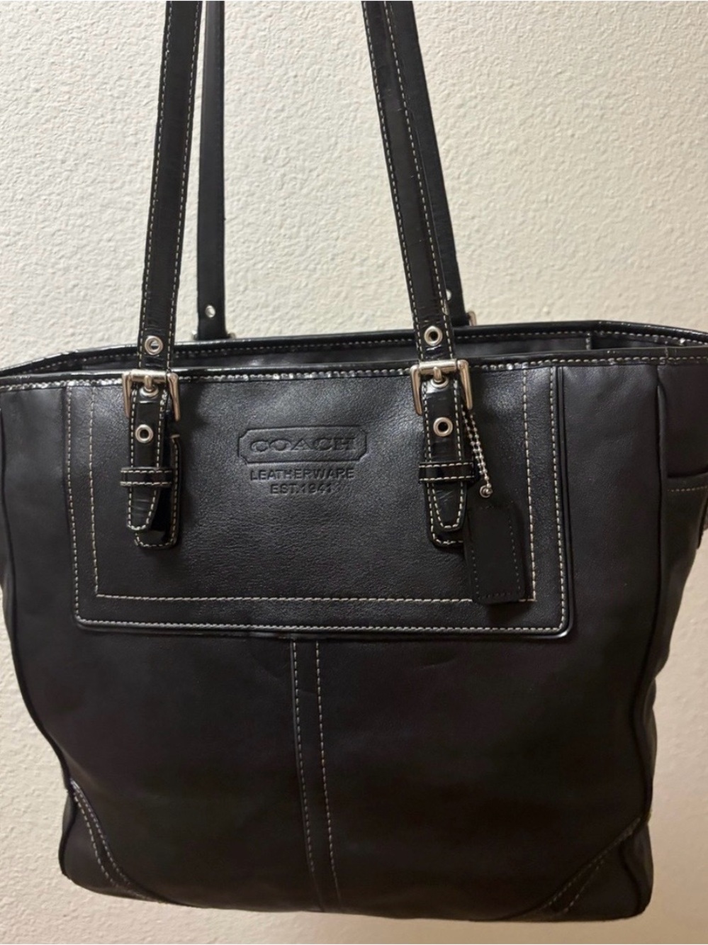 Coach Black Leather Tote with Contrast Stitching - Picture 5 of 11
